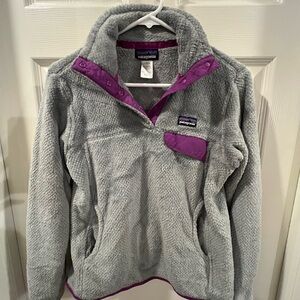 Patagonia Gray Sherpa Fleece with Purple Trim and Logo